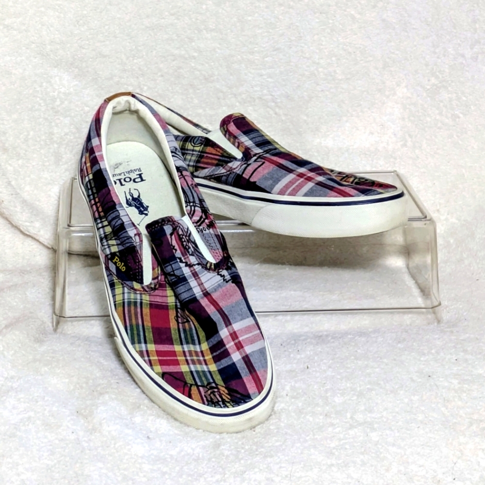 Polo Ralph Lauren Keaton Slip-On Madras Plaid Crest Overprint Sneakers Size 9.5